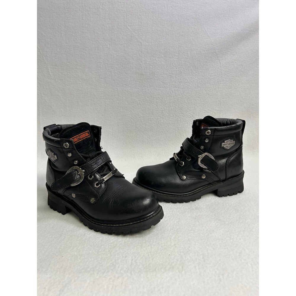 Biker Grunge Harley-Davidson Women 8 Black Leather Buckle Ankle Moto Boots 81024